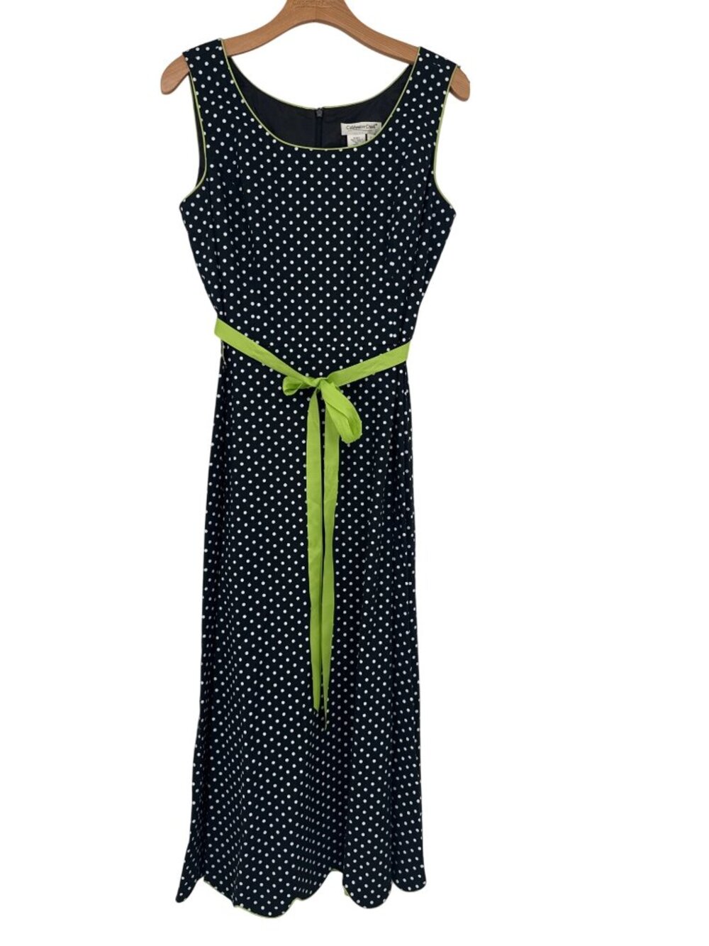 Coldwater Creek Womens dress black Polka Dot scalloped hem Green TrimTie Size 10